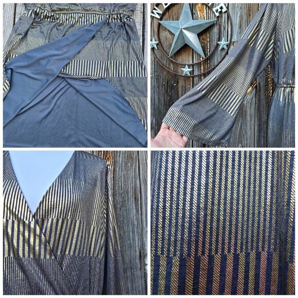 Gold Foil Hutch Dress Plus Size 1X Gray Bell Sleeve Faux Wrap Stretch Modcloth - Picture 5 of 9